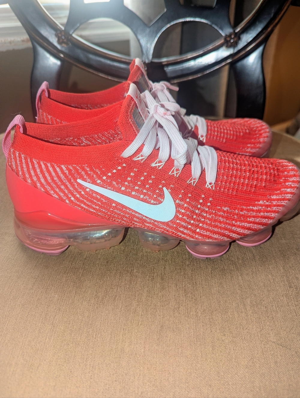 Nike Women's Red Flyknit VaporMax Sneakers with White Swoosh